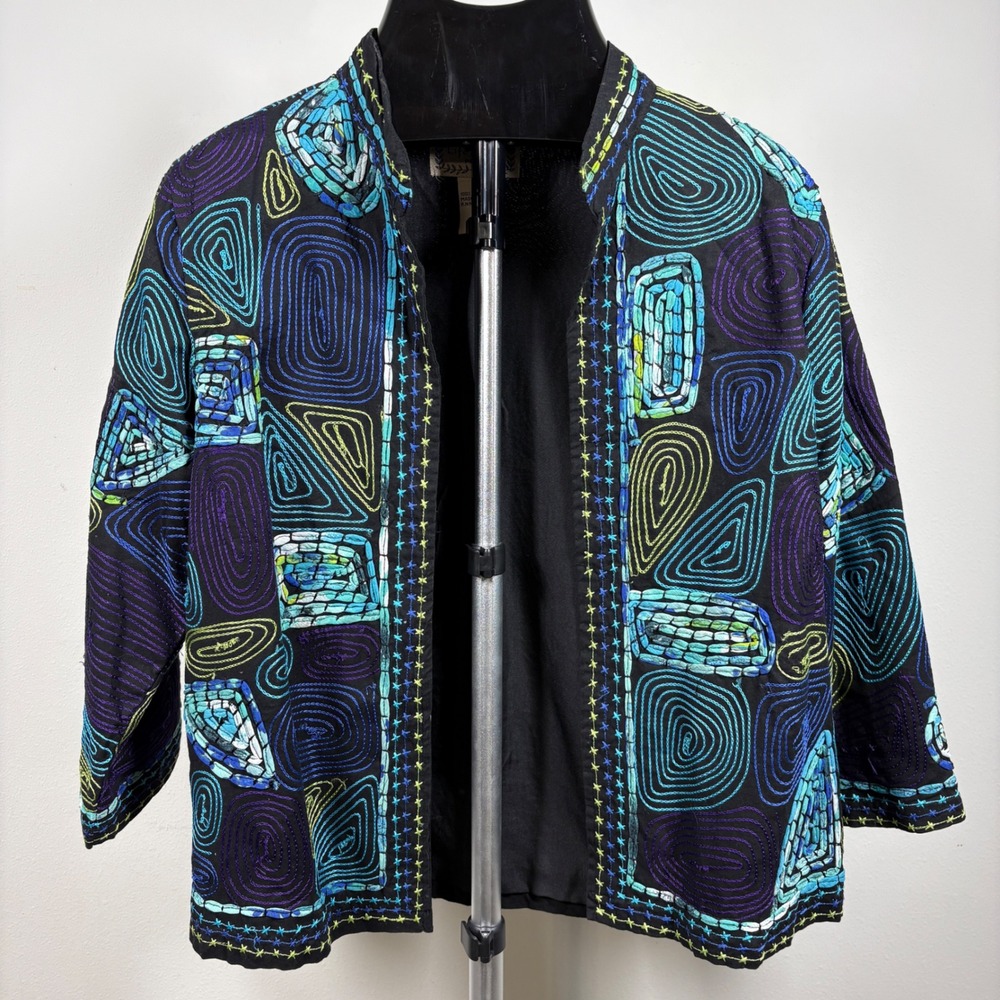 Life Style Petite Embroidered Cotton Open Jacket Black Teal Purple Women PL